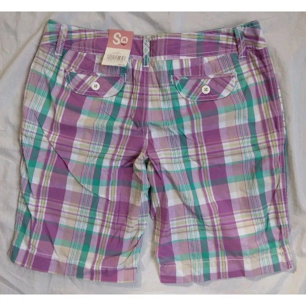 SO Bermuda Shorts Women's Juniors 11 Purple Blue White Plaid Cotton - Picture 5 of 7